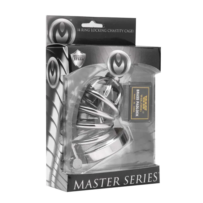 Master Series Male Sex Toys Asylum 4 Ring Locking Chastity Cage