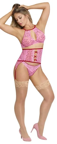 Magic Silk Anal High Neck Bra Gartered Waist Cincher Thong Set