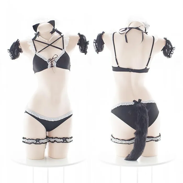 House of Dasein Womens Costumes Kitten Maid Outfit Kawaii Cosplay Women Bikini Set Anime Costume Bra Panty Tail Female Sex Toys