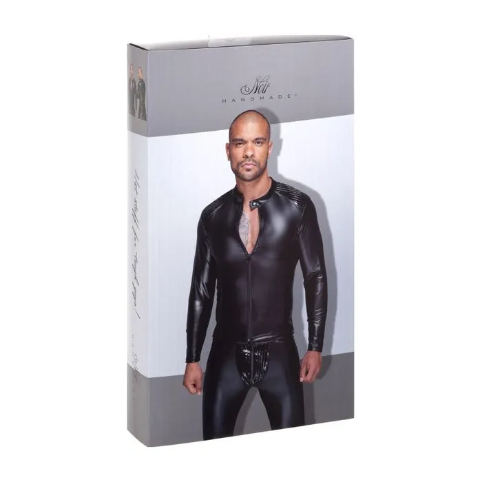 Anal Noir Power Wetlook Mens Jacket w Pleated PVC Epaulets Small Black