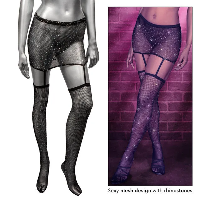 Male Sex Toys CalExotics Radiance ONE PIECE GARTER SKIRT WITH THIGH HIGHS STOCKINGS Black with Sparkling Rhinestones One Size