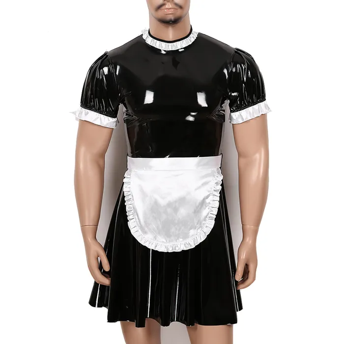 Male Sissy Maid Sexy Cosplay Costume Short Sleeve PU Leather Flared Dress With Apron EVEs SECRETS Male Sex Toys