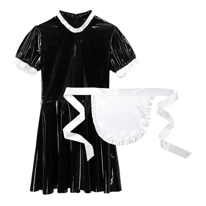 Male Sissy Maid Sexy Cosplay Costume Short Sleeve PU Leather Flared Dress With Apron EVEs SECRETS Male Sex Toys