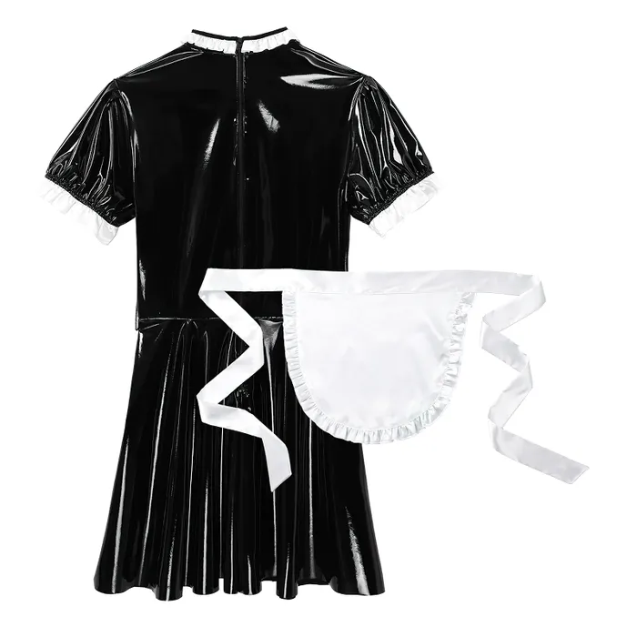 Male Sissy Maid Sexy Cosplay Costume Short Sleeve PU Leather Flared Dress With Apron EVEs SECRETS Male Sex Toys