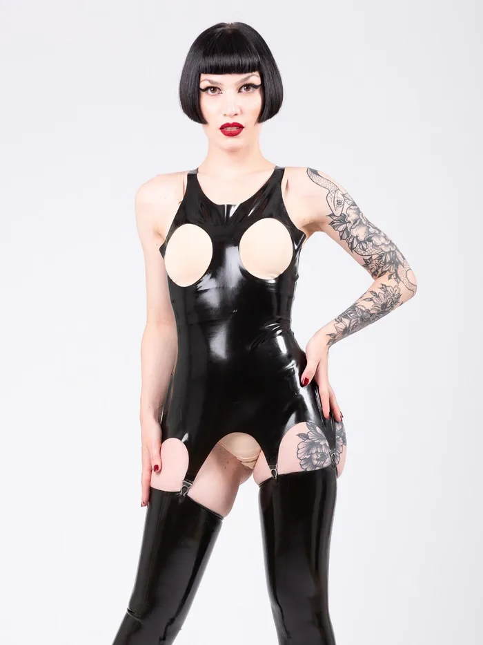 Male Sex Toys HonourSkintwocom Cupless Latex Basque with Suspenders