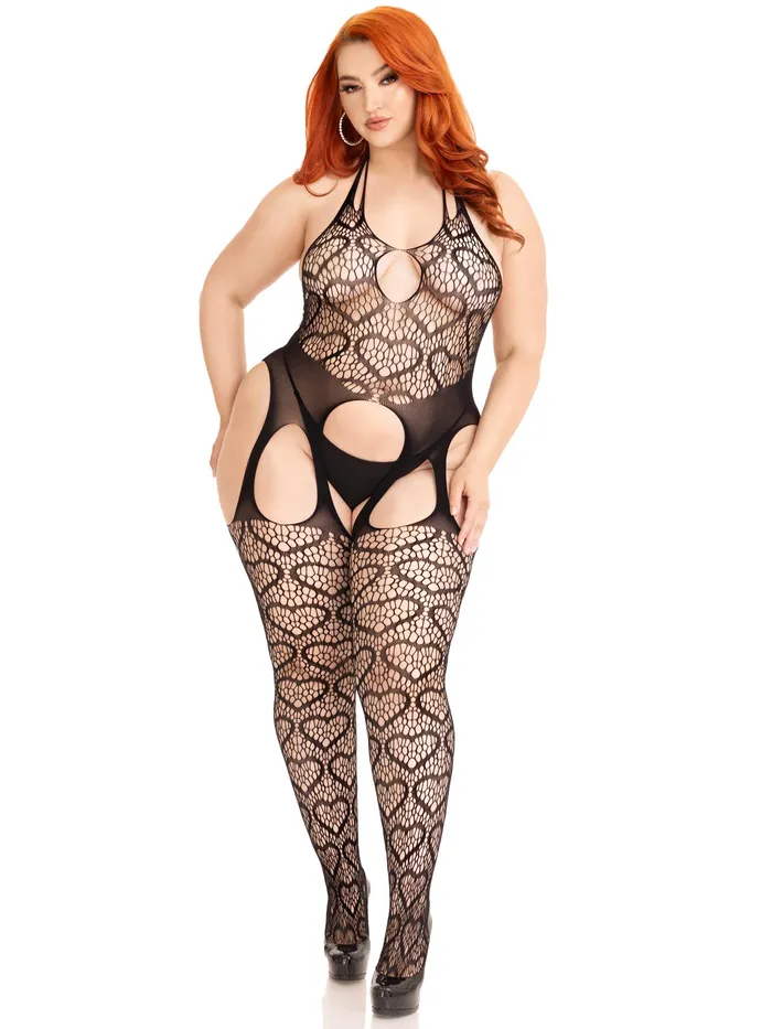 Seamless Heart Net Suspender Bodystocking 1x2x Black Leg Avenue Anal